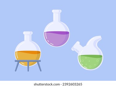 Juego de tubos químicos de laboratorio. Experimentos y ensayos de laboratorio y químicos. Líquidos amarillos, verdes y violetas, reactivos. Afiche o pancarta. Colección vectorial plana de dibujos animados aislada en fondo azul