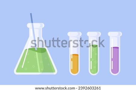 Lab chemical tubes set. Laboratory and chemical experiments and tests. Yellow, green and violet liquids, reagents. Template and layout. Cartoon flat vector collection isolated on blue background