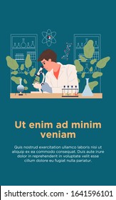 Lab chemist with microscope analyzing samples. Young man in white coat, medical test flat vector illustration. Biochemistry, medicine, laboratory concept for banner, website design or landing web page