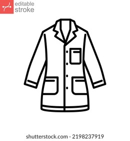 Lab coat icon, white, doctor, medical laboratory uniform. Scientist protection wear. surgery jacket research. Outline style editable stroke. Vector illustration. Design on white background. EPS 10