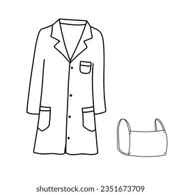 Lab coat with long sleeves and classic pockets. Outline doodle sketch. Protective mask of scientist or doctor.