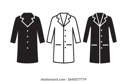 Silhueta de jaleco e linha arte vetor.symbol, lab, white, casaco, laboratório, linha, ícone, pictograma, contorno, vetor, hospital, gráfico, médico, ilustração, sinal, simples, equipamentos, roupas, estilo.