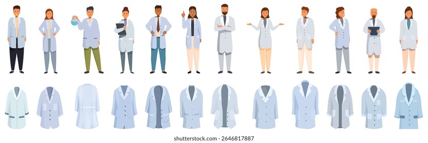 Conjunto de ícones de capa de laboratório. Grupo diversificado de profissionais de saúde vestindo jalecos, alguns segurando equipamentos médicos, demonstrando profissionalismo e experiência em um ambiente médico