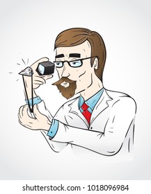 Lab created diamonds Man made. Scientist with spectacles, tie, magnifier, mustache and beard in white gown. Isolated vector background