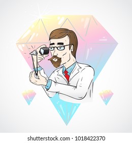 Lab Created Diamonds Man Made. Scientist With Big Crystal. Logo Design Isolated Vector Background