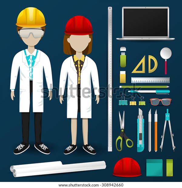 Lab engineering scientist or technician operator\
uniform clothing, stationary and accessories tool icon collection\
set with layout design isolated background for male and female\
profession (vector)