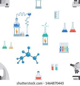 Lab equipment flat vector seamless pattern. Test tubes, chemistry beakers, measuring cups.  Laboratory microscope, flasks heating system, molecule, virus structure wallpaper, wrapping paper design