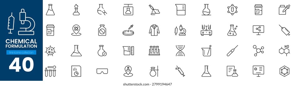 Lab equipment icons, microscopic research, chemical bottles, scientific testing tools, web vector.