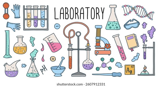 Equipamento de laboratório. Ilustração de frascos de erlenmeyer, material de laboratório de química. Ilustrações vetoriais isoladas no plano de fundo branco