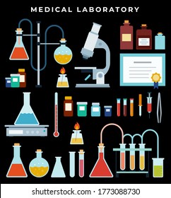 Lab Equipment. Laboratory microscope, flasks heating system, molecule structure. Vial, jar, microscope, tweezers, reagents, beaker on dark background