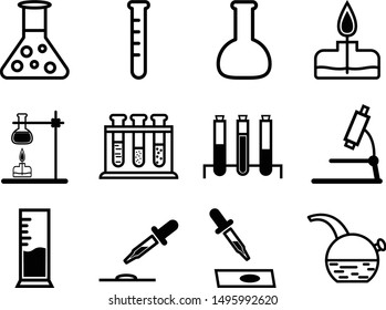 Lab equipment line icon set. Vector science illustration with flasks, test tubes, tools. Education elements. Chemistry, biology, medicine.