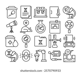 lab experiment and biology line icons set