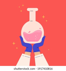 Lab experiment flask. Laboratory glassware or beaker equipment. Vaccine discovery concept. Flask in the hands in a robe and gloves. Antiviral treatment development. Flat vector modern illustration. 