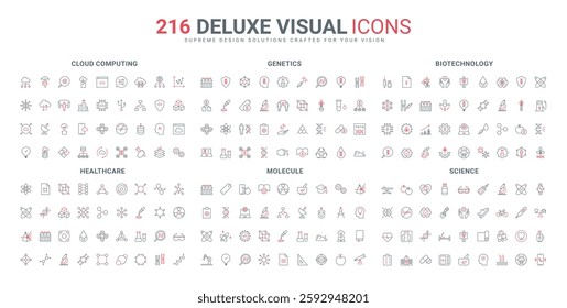 Lab experiment and science research, genetics medical test and healthcare line icon set. Molecular structure, atoms connections and reaction thin black and red outline symbols vector illustration