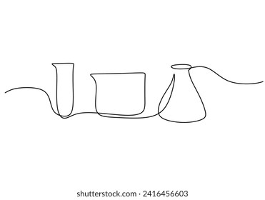 Lab experiment tools in continuous single one line art drawing. Minimalist glassware for laboratory research. Hand drawn vector illustration education and science concept.