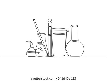 Lab experiment tools in continuous single one line art drawing. Minimalist glassware for laboratory research. Hand drawn vector illustration education and science concept.