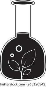 Flack de laboratório com ícone de folha simbolizando química verde, pesquisa de eco-laboratório e inovação sustentável com fundo transparente