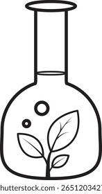 Flack de laboratório com ícone de folha simbolizando química verde, pesquisa de eco-laboratório e inovação sustentável com fundo transparente