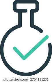 Frasco de laboratorio con el icono de la marca de verificación, prueba acertada y Vector del control de calidad