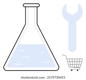 A lab flask containing light blue liquid is positioned next to a light blue wrench and a small grey shopping cart. Ideal for scientific research, laboratory procedures, repair services, online