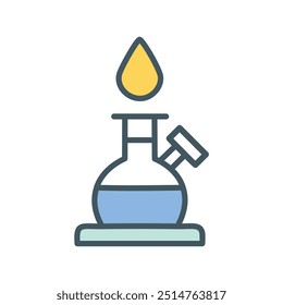 Lab flask heating. A lab flask with a liquid solution is being heated by a flame. This symbolizes scientific progress and experimentation.