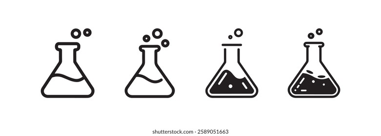 Lab flask icon set featuring bubbling liquid ideal for science chemistry laboratory research education and experiment-related projects in a modern black and white vector style.