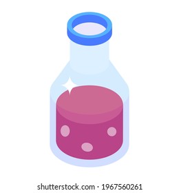 Lab flask with liquid, isometric icon of chemical bottle