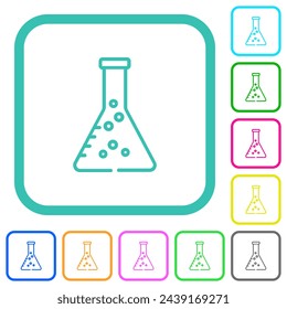 Matraz de laboratorio con iconos planos de colores vivos con contorno líquido en bordes curvos sobre fondo blanco