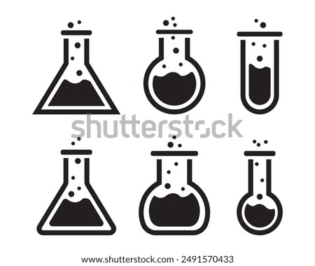 Lab flasks test icon set, flasks for chemical experiments. Glass flask for alchemy, magic drinks. Science laboratory icons. Chemistry icon.