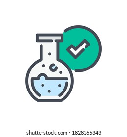 Lab glass bottle with positive result color line icon. Science glassware with liquid and check mark vector outline colorful sign.