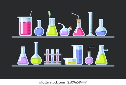 Vidro de laboratório em prateleiras. Equipamento químico de laboratório. Vidros, frascos, tubos de ensaio, copos com líquidos ácidos. Ferramentas da ciência da química, amostras, reagentes para experimentos. Ilustração de vetor plano