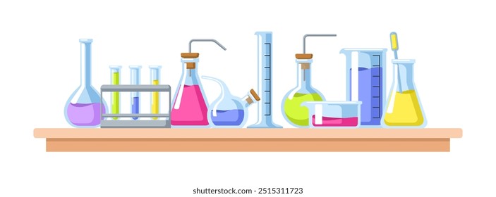 Cristalería de laboratorio sobre mesa. Matraces de laboratorio, tubos de ensayo, vasos de vidrio y viales con diferentes líquidos químicos. Experimento de ciencia química. Ilustración vectorial plana aislada sobre fondo blanco