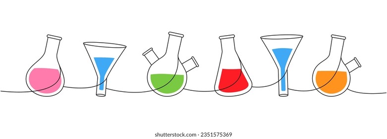 Lab glassware one line colored continuous drawing. Round bottom flask, filter funnel, flask continuous one line illustration. Vector illustration