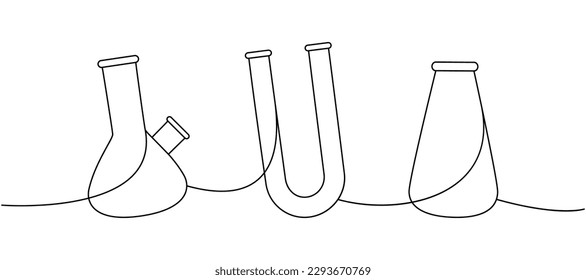 Lab glassware one line continuous drawing. Buchner flask, glass U tube, glassware continuous one line illustration. Vector linear illustration.