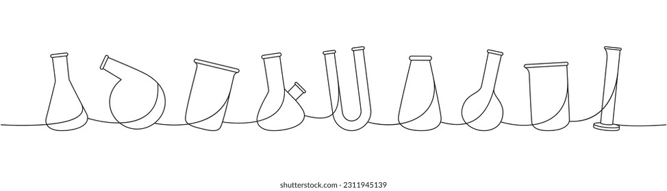 Lab glassware one line continuous drawing. Conical flask, glass beaker, glassware, round bottom flask continuous one line illustration.