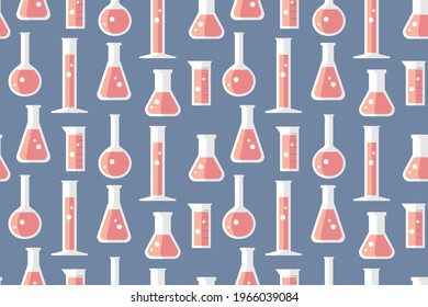 Lab glassware seamless pattern. Repetitive vector illustration of lab glassware on blue background. Vector illustration. EPS 10.