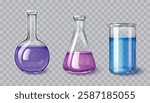 Lab glassware set isolated on transparent background. Vector realistic illustration of 3D glass beaker, flask, tube with chemical liquid inside, medical science laboratory, equipment for biology tests