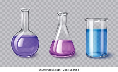 Lab glassware set isolated on transparent background. Vector realistic illustration of 3D glass beaker, flask, tube with chemical liquid inside, medical science laboratory, equipment for biology tests