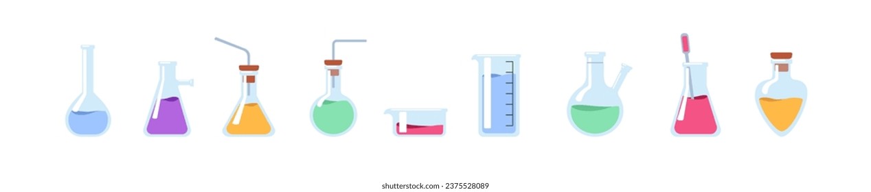 Lab glassware set. Laboratory glass ware with chemical liquids, fluids. Chemistry science samples, reagents in tubes, flasks, beakers. Flat graphic vector illustrations isolated on white background