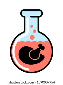 Lab grown meat - artificial and synthetic chicken meat is cultured and cultivated in chemistry glassware from lab. Modern nourishment and alimentation based on science. Vector illustration.