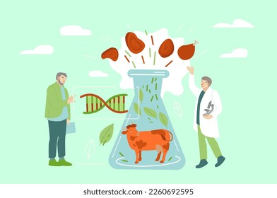 Lab grown meat. Cell cultured beef concept in flat style. Artificial beef laboratory. Innovative food production. Editable vector illustration isolated on a light background.