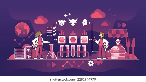 La producción de carne cultivada en laboratorio y la agricultura celular como concepto de esquema alimenticio artificial. Proceso biotecnológico con cerdo cultivado, ganado o productos de pollo con un método respetuoso de la naturaleza ilustrado vectorial.