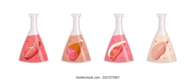 Lab grown meat concept. Cell cultured beef, pork, chicken image in cartoon style. Artificial product. New way of nutrition. Editable vector illustration isolated on a transparent background.