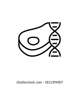 Lab grown meat. DNA strand and beef steak. Line art cultured meat icon. Synthetic future food. Black simple illustration. Contour isolated vector pictogram, white background. Alternative to real meat