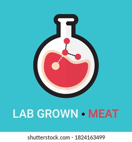 Lab grown meat icon concept. Artificial, synthetic meat is cultured and cultivated in chemistry lab glassware. Modern nourishment and alimentation based on science. Vector logotype element isolated