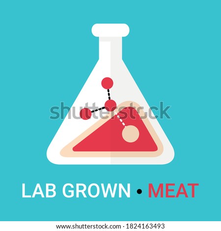 Lab grown meat icon concept. Artificial, synthetic meat is cultured and cultivated in chemistry lab glassware. Modern nourishment and alimentation based on science. Vector logotype element isolated