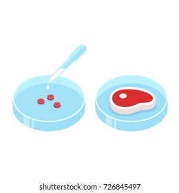 Ilustração de carne cultivada em laboratório. Prato de Petri com cultura celular e bife bovino, conceito de carne in vitro. Tecnologias alimentares futuras.