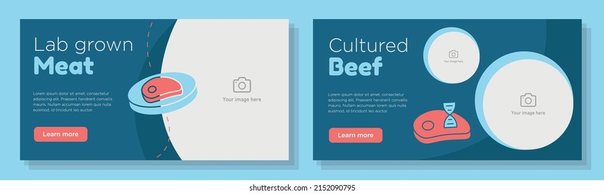 Lab Grown Meat Online Banner Template Set, Cultured Beef Headset Advertisement, Horizontal Ad, Sustainable Food Production Campaign Webpage, Flyer, Creative Brochure, Isolated On Background.