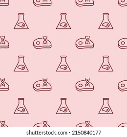Lab grown meat seamless hand drawn pattern, cultured beef linear background template, vegan biological food icons repetitive vector illustration design, repeat doodle style wallpaper.
