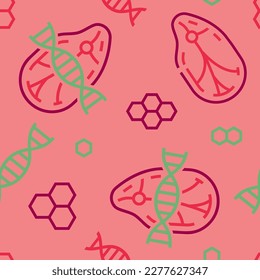 Lab grown meat seamless pattern. Cell cultured beef, pork concept. Artificial product. New way of nutrition. Editable vector illustration in pink, red, green colors. Scientific background, texture